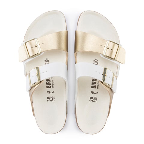 Birkenstock Arizona Split Slide Sandal (Women) - White/Gold Birko-Flor Sandal - Slide - The Heel Shoe Fitters