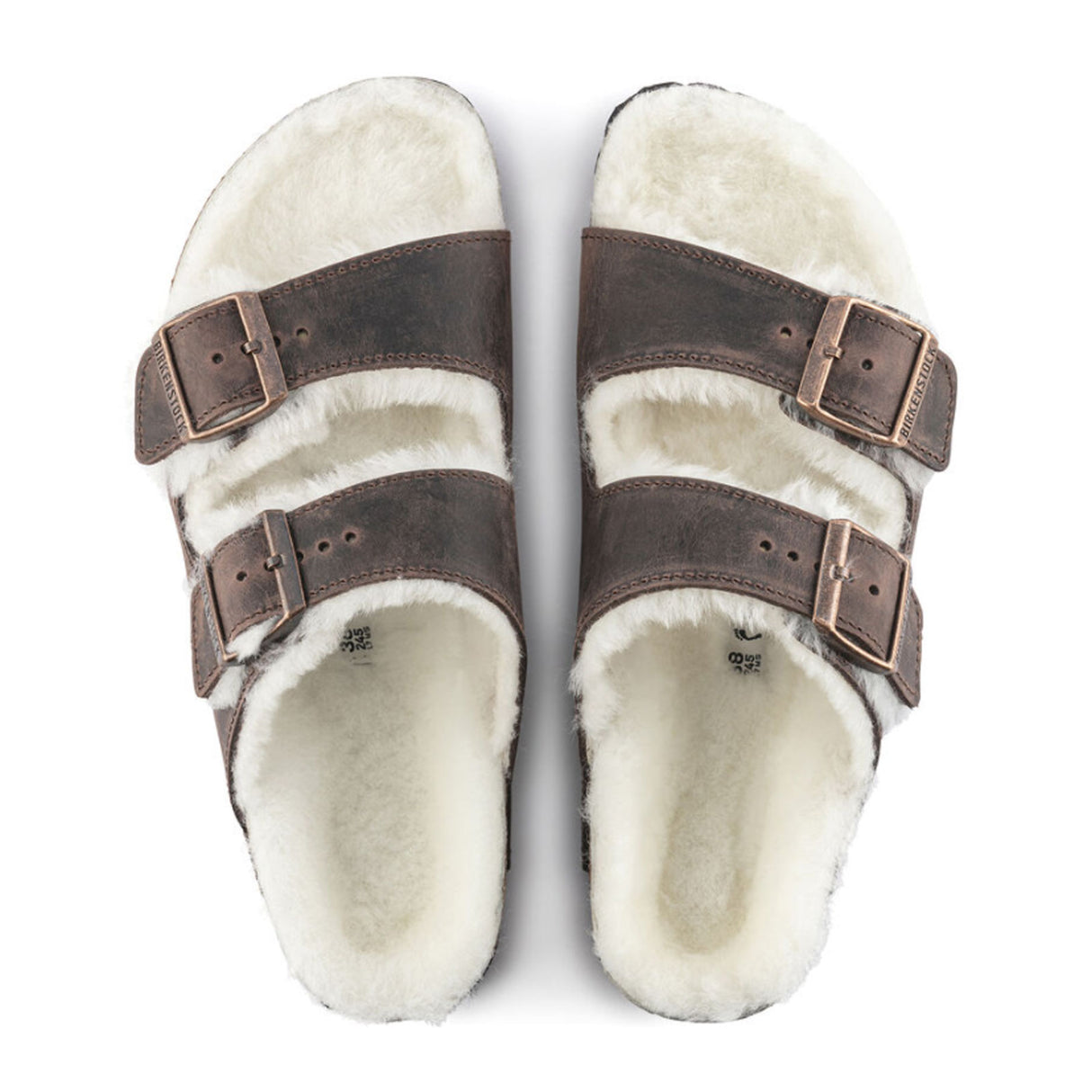 Birkenstock Arizona Slide Sandal (Women) - Habana Oiled Leather/Natural Shearling Sandal - Slide - The Heel Shoe Fitters