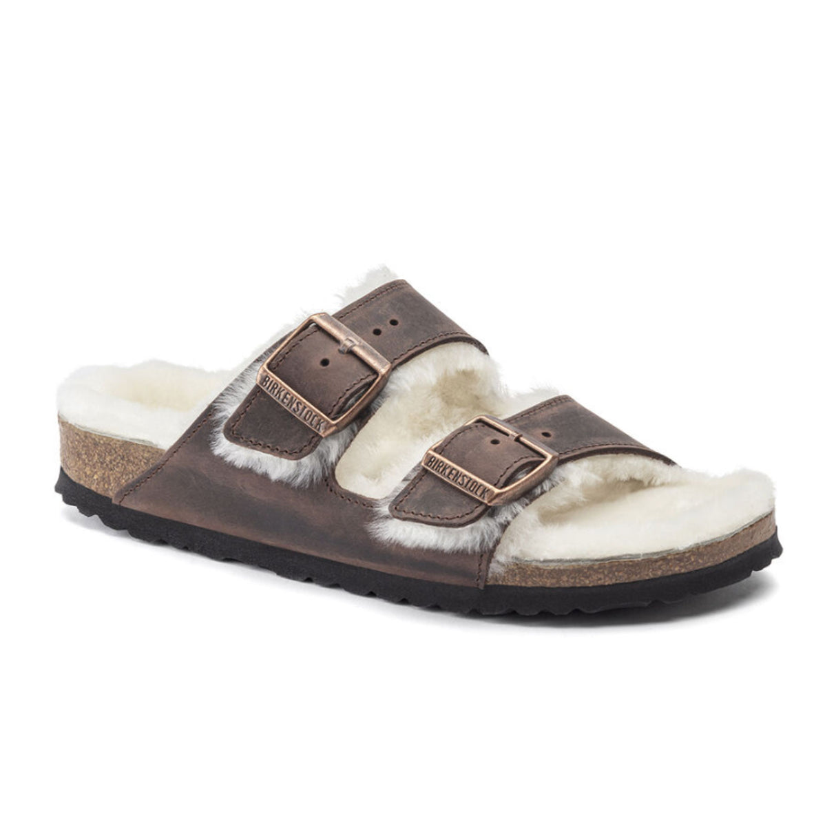 Birkenstock Arizona Slide Sandal (Women) - Habana Oiled Leather/Natural Shearling Sandal - Slide - The Heel Shoe Fitters
