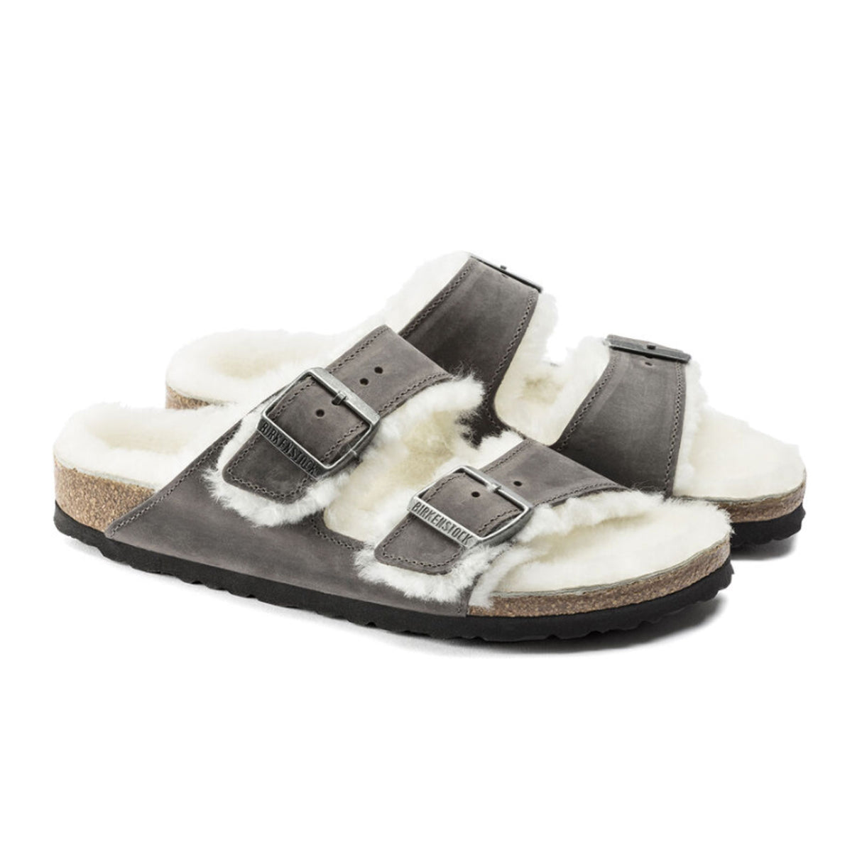 Birkenstock Arizona Slide Sandal (Women) - Iron Nubuck/Natural Shearling Sandal - Slide - The Heel Shoe Fitters