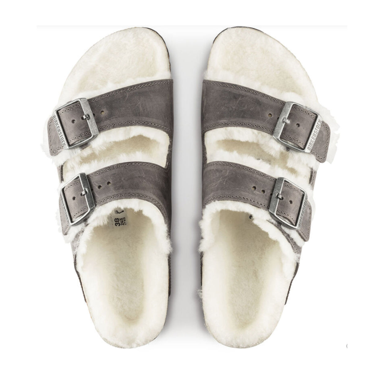 Birkenstock Arizona Slide Sandal (Women) - Iron Nubuck/Natural Shearling Sandal - Slide - The Heel Shoe Fitters