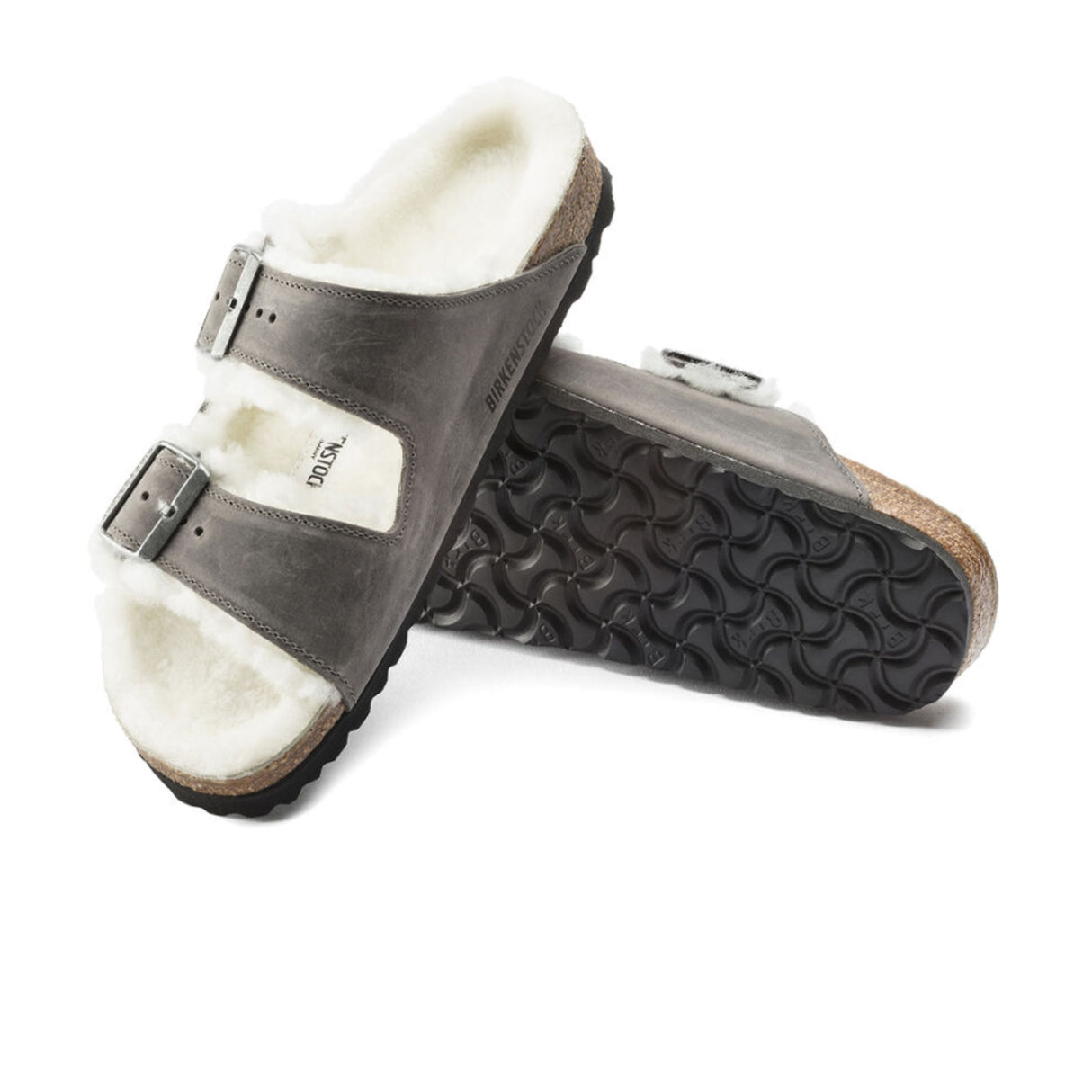 Birkenstock Arizona Slide Sandal (Women) - Iron Nubuck/Natural Shearling Sandal - Slide - The Heel Shoe Fitters