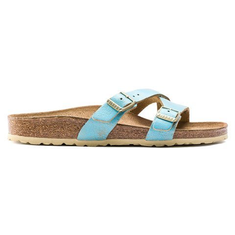 Birkenstock Yao Narrow (Women) - Washed Metallic Aqua Suede Sandals - Slide - The Heel Shoe Fitters