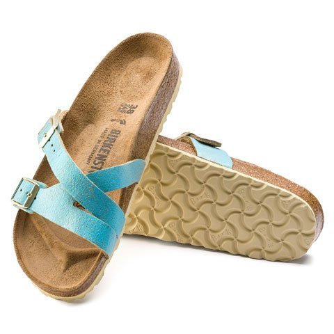 Birkenstock Yao Narrow (Women) - Washed Metallic Aqua Suede Sandals - Slide - The Heel Shoe Fitters