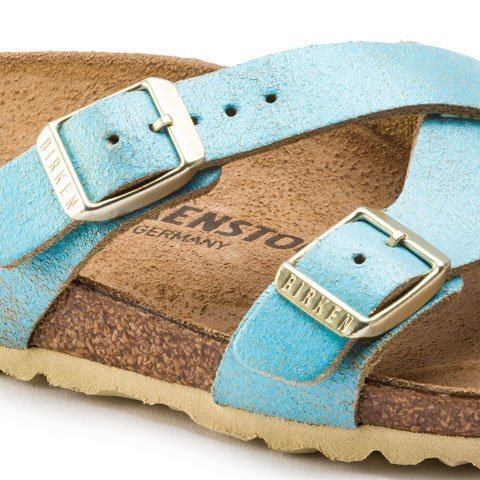 Birkenstock Yao Narrow (Women) - Washed Metallic Aqua Suede Sandals - Slide - The Heel Shoe Fitters