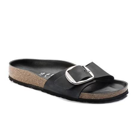 Birkenstock Madrid Big Buckle Narrow Slide Sandal (Women) - Black Leather Sandal - Slide - The Heel Shoe Fitters
