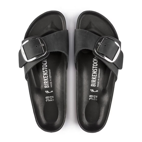 Birkenstock Madrid Big Buckle Narrow Slide Sandal (Women) - Black Leather Sandal - Slide - The Heel Shoe Fitters