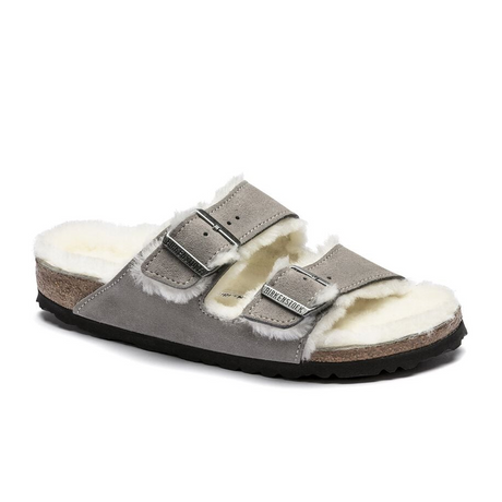 Birkenstock Arizona Slide Sandal (Women) - Stone Coin Suede/Natural Shearling Sandals - Slide - The Heel Shoe Fitters