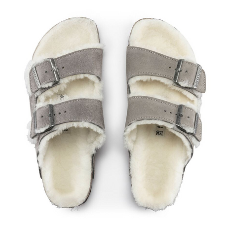 Birkenstock Arizona Slide Sandal (Women) - Stone Coin Suede/Natural Shearling Sandals - Slide - The Heel Shoe Fitters