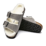 Birkenstock Arizona Slide Sandal (Women) - Stone Coin Suede/Natural Shearling Sandals - Slide - The Heel Shoe Fitters