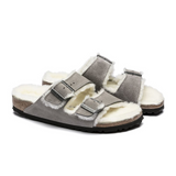 Birkenstock Arizona Slide Sandal (Women) - Stone Coin Suede/Natural Shearling Sandals - Slide - The Heel Shoe Fitters