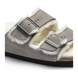 Birkenstock Arizona Slide Sandal (Women) - Stone Coin Suede/Natural Shearling Sandals - Slide - The Heel Shoe Fitters