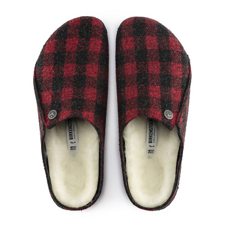 Birkenstock Zermatt Slipper (Women) - Red Plaid Wool/Natural Shearling Dress-Casual - Slippers - The Heel Shoe Fitters