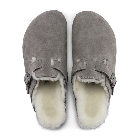 Birkenstock Boston Clog (Women) - Stone Coin Suede/Natural Shearling Dress-Casual - Clogs & Mules - The Heel Shoe Fitters