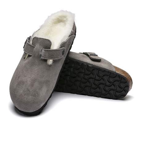 Birkenstock Boston Clog (Women) - Stone Coin Suede/Natural Shearling Dress-Casual - Clogs & Mules - The Heel Shoe Fitters