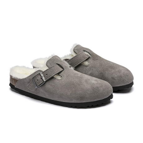 Birkenstock Boston Clog (Women) - Stone Coin Suede/Natural Shearling Dress-Casual - Clogs & Mules - The Heel Shoe Fitters