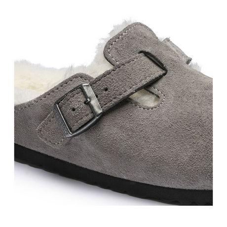 Birkenstock Boston Clog (Women) - Stone Coin Suede/Natural Shearling Dress-Casual - Clogs & Mules - The Heel Shoe Fitters