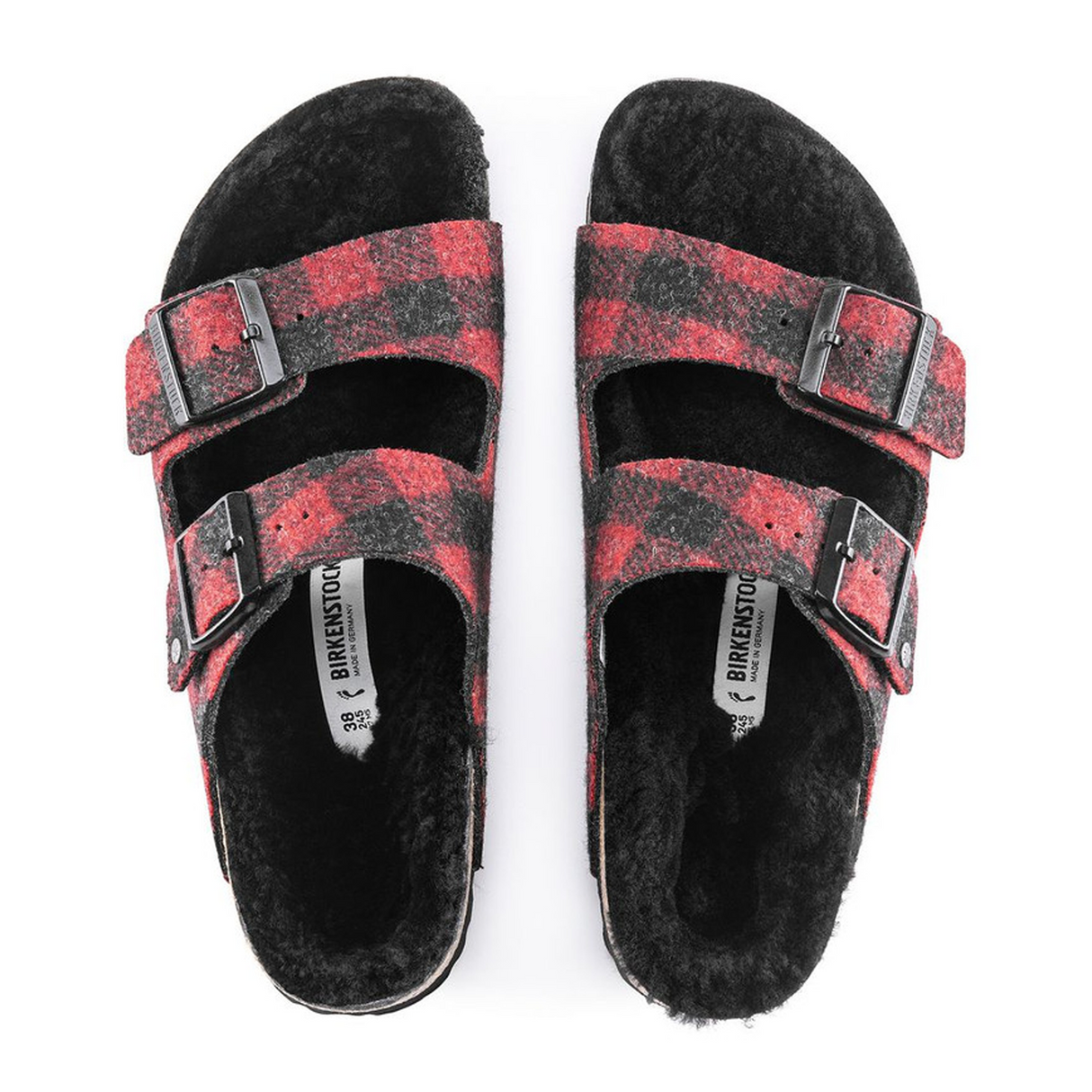 Birkenstock Arizona Slide Sandal (Women) - Red Plaid Wool/Black Shearling Sandals - Slide - The Heel Shoe Fitters