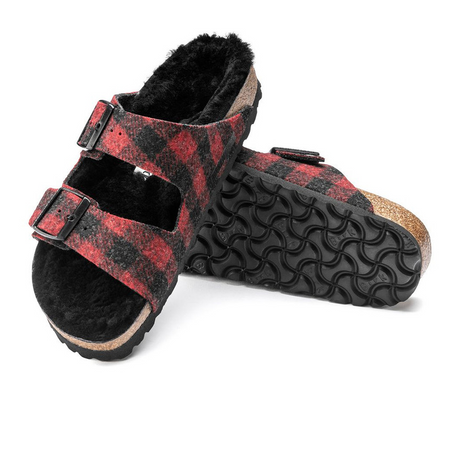 Birkenstock Arizona Slide Sandal (Women) - Red Plaid Wool/Black Shearling Sandals - Slide - The Heel Shoe Fitters