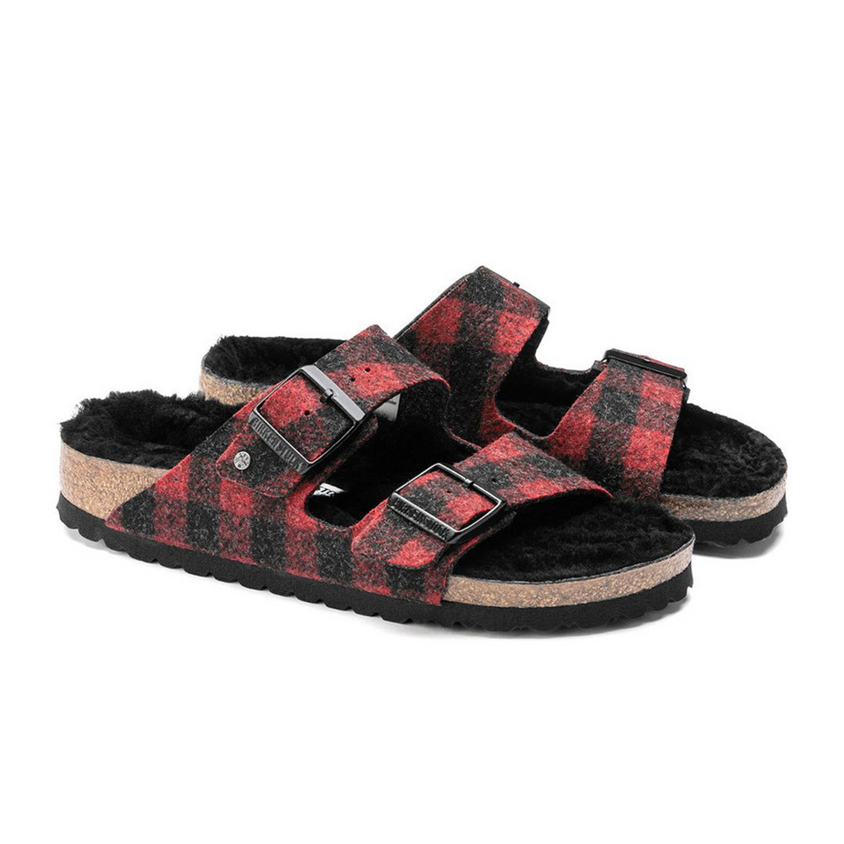 Birkenstock Arizona Slide Sandal (Women) - Red Plaid Wool/Black Shearling Sandals - Slide - The Heel Shoe Fitters