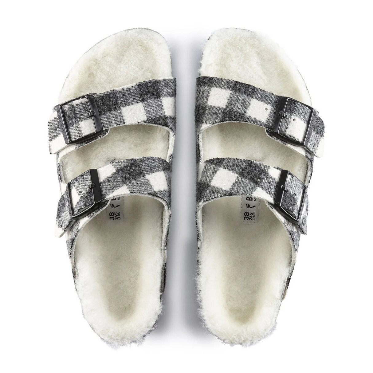 Birkenstock Arizona Slide Sandal (Women) - Plaid White Wool/Natural Shearling Sandals - Slide - The Heel Shoe Fitters