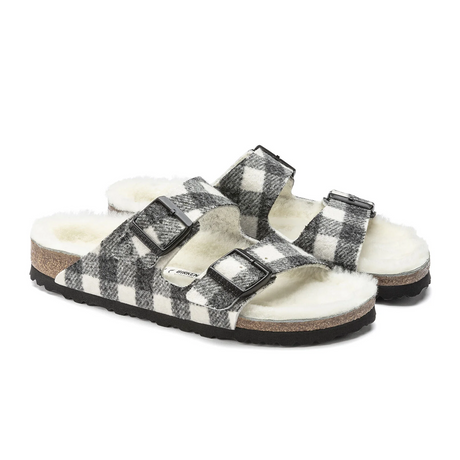 Birkenstock Arizona Slide Sandal (Women) - Plaid White Wool/Natural Shearling Sandals - Slide - The Heel Shoe Fitters