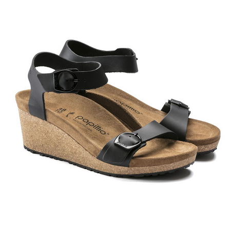 Birkenstock Soley Ring-Buckle Wedge Sandal (Women) - Black Leather Sandals - Heel/Wedge - The Heel Shoe Fitters