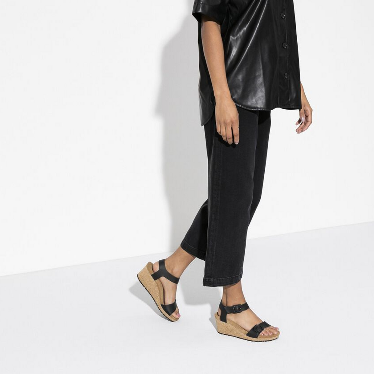 Birkenstock Soley Ring-Buckle Wedge Sandal (Women) - Black Leather Sandals - Heel/Wedge - The Heel Shoe Fitters