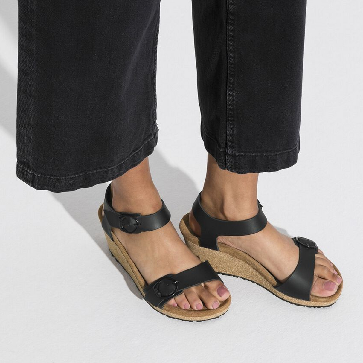 Birkenstock Soley Ring-Buckle Wedge Sandal (Women) - Black Leather Sandals - Heel/Wedge - The Heel Shoe Fitters