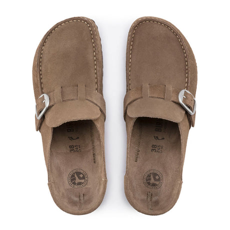 Birkenstock Buckley Narrow Clog (Women) - Gray Taupe Suede Dress-Casual - Clogs & Mules - The Heel Shoe Fitters