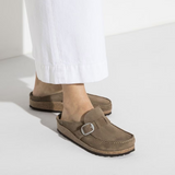 Birkenstock Buckley Narrow Clog (Women) - Gray Taupe Suede Dress-Casual - Clogs & Mules - The Heel Shoe Fitters
