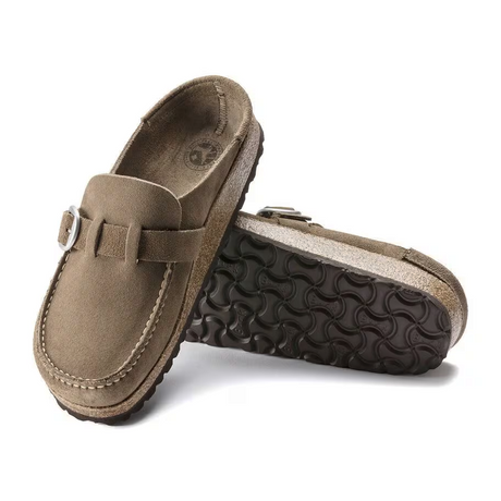 Birkenstock Buckley Narrow Clog (Women) - Gray Taupe Suede Dress-Casual - Clogs & Mules - The Heel Shoe Fitters