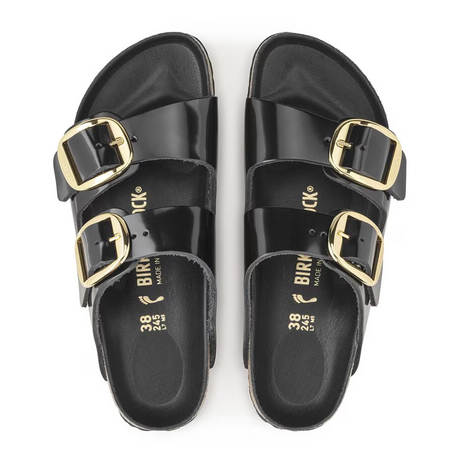 Birkenstock Arizona Big Buckle Narrow Slide Sandal (Women) - High Shine Black Leather Sandal - Slide - The Heel Shoe Fitters