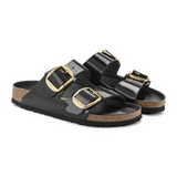 Birkenstock Arizona Big Buckle Narrow Slide Sandal (Women) - High Shine Black Leather Sandal - Slide - The Heel Shoe Fitters