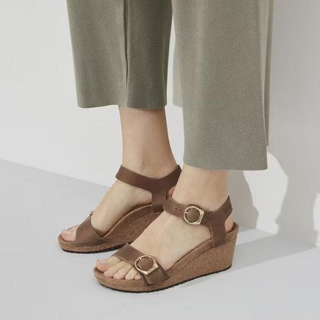Birkenstock Soley Ring-Buckle Narrow Wedge Sandal (Women) - Cognac Oiled Leather Sandal - Heel/Wedge - The Heel Shoe Fitters