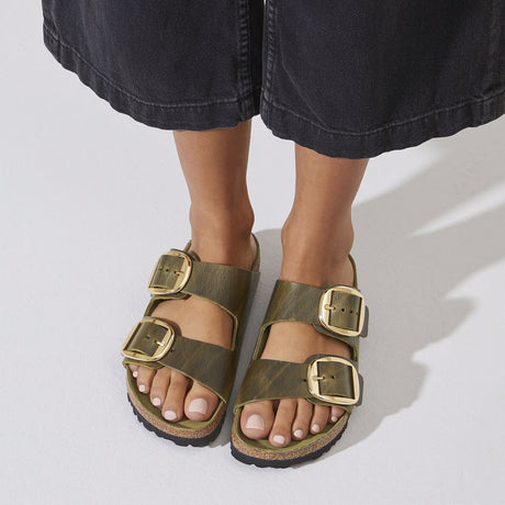 Birkenstock Arizona Big Buckle Narrow Slide Sandal (Women) - Green Olive Oiled Leather Sandal - Slide - The Heel Shoe Fitters