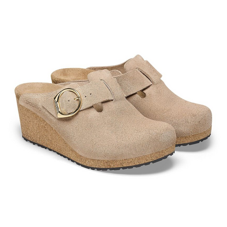 Birkenstock Fanny Ring-Buckle Wedge Clog (Women) - Warm Sand Suede Dress-Casual - Wedges - The Heel Shoe Fitters