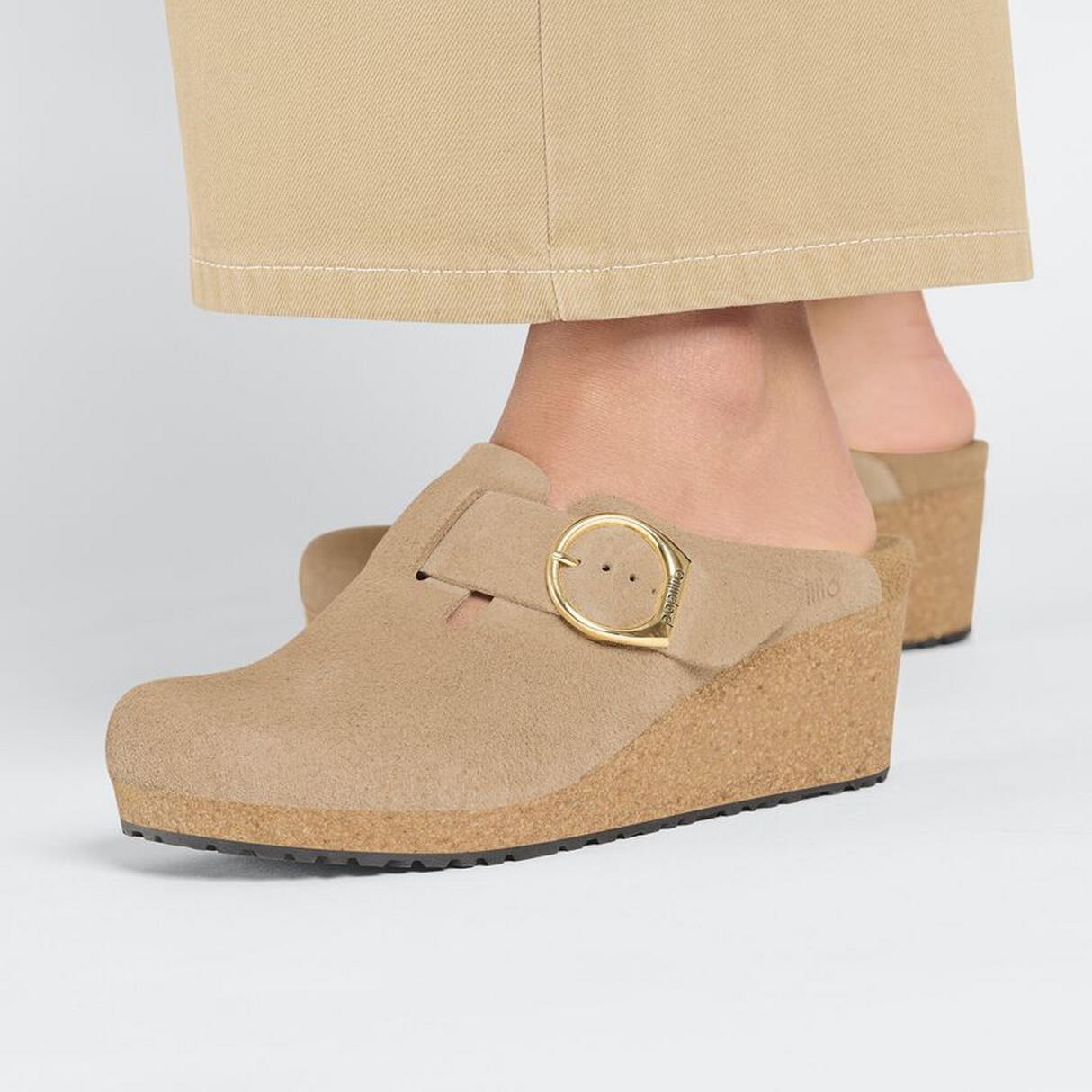 Birkenstock Fanny Ring-Buckle Wedge Clog (Women) - Warm Sand Suede Dress-Casual - Wedges - The Heel Shoe Fitters