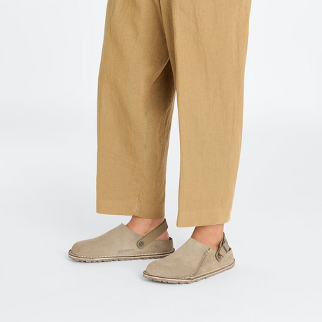 Birkenstock Lutry Narrow Slipper (Women) - Gray Taupe Suede Dress-Casual - Clogs & Mules - The Heel Shoe Fitters