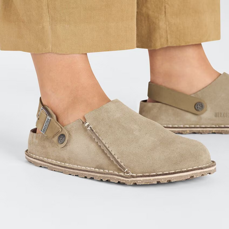 Birkenstock Lutry Narrow Slipper (Women) - Gray Taupe Suede Dress-Casual - Clogs & Mules - The Heel Shoe Fitters