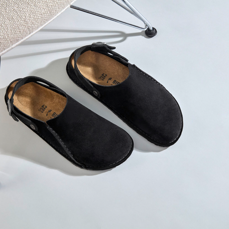Birkenstock Lutry Slipper (Men) - Black Suede Dress-Casual - Clogs & Mules - The Heel Shoe Fitters