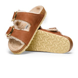 Birkenstock Arizona Big Buckle Narrow Slide Sandal (Women) - Cognac Oiled Leather/Sandcastle Shearling Sandal - Slide - The Heel Shoe Fitters