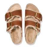 Birkenstock Arizona Big Buckle Narrow Slide Sandal (Women) - Cognac Oiled Leather/Sandcastle Shearling Sandal - Slide - The Heel Shoe Fitters