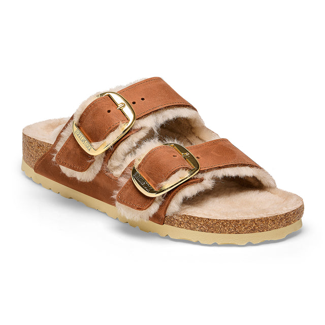 Birkenstock Arizona Big Buckle Narrow Slide Sandal (Women) - Cognac Oiled Leather/Sandcastle Shearling Sandal - Slide - The Heel Shoe Fitters