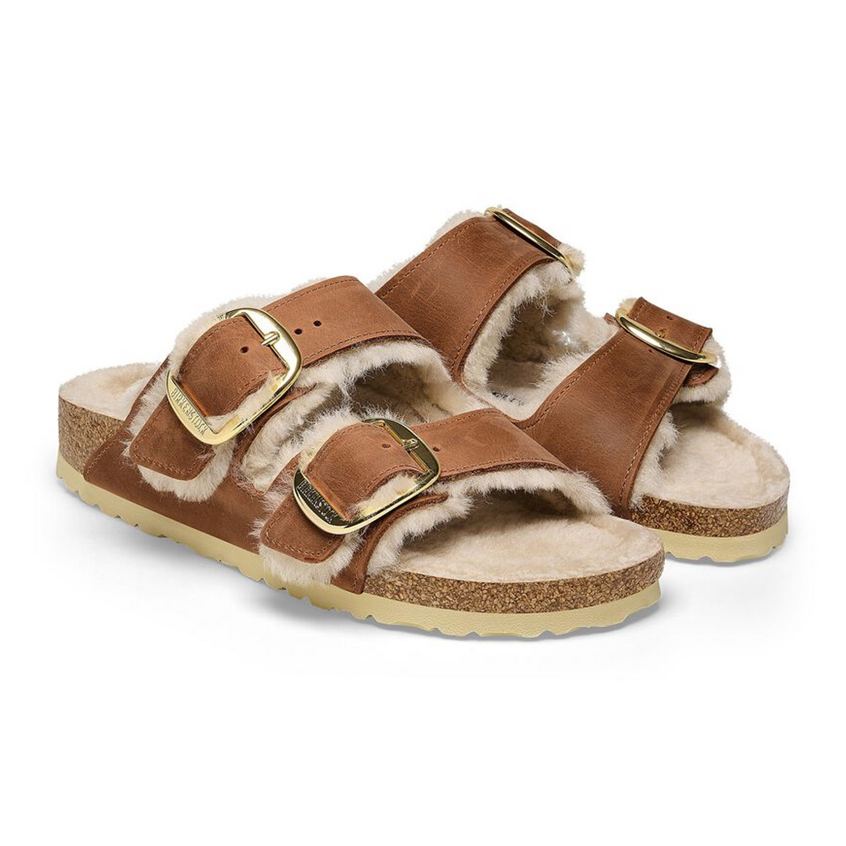 Birkenstock Arizona Big Buckle Narrow Slide Sandal (Women) - Cognac Oiled Leather/Sandcastle Shearling Sandal - Slide - The Heel Shoe Fitters