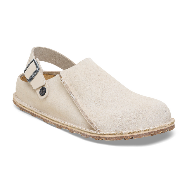 Birkenstock Lutry Narrow Slipper (Women) - Eggshell Suede Dress Casual - Clogs & Mules - The Heel Shoe Fitters