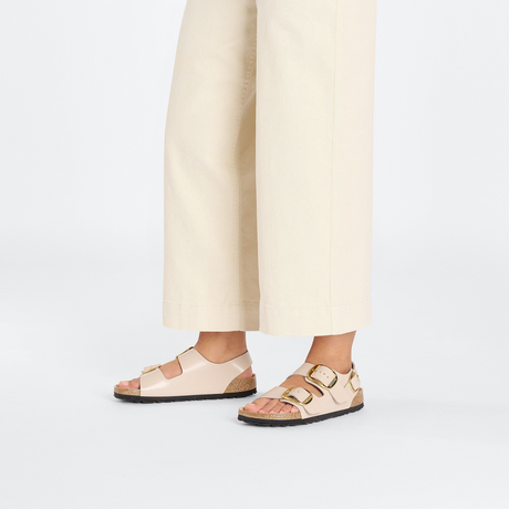 Birkenstock Milano Big Buckle Narrow Backstrap Sandal (Women) - High Shine New Beige Leather Sandal - Slide - The Heel Shoe Fitters