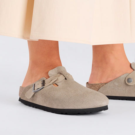 Birkenstock Boston Braid Narrow Clog (Women) - Taupe Suede Dress-Casual - Clogs & Mules - The Heel Shoe Fitters