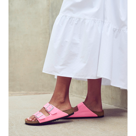 Birkenstock Arizona Slide Sandal (Women) - Patent Candy Pink Birko-Flor Sandals - Slide - The Heel Shoe Fitters