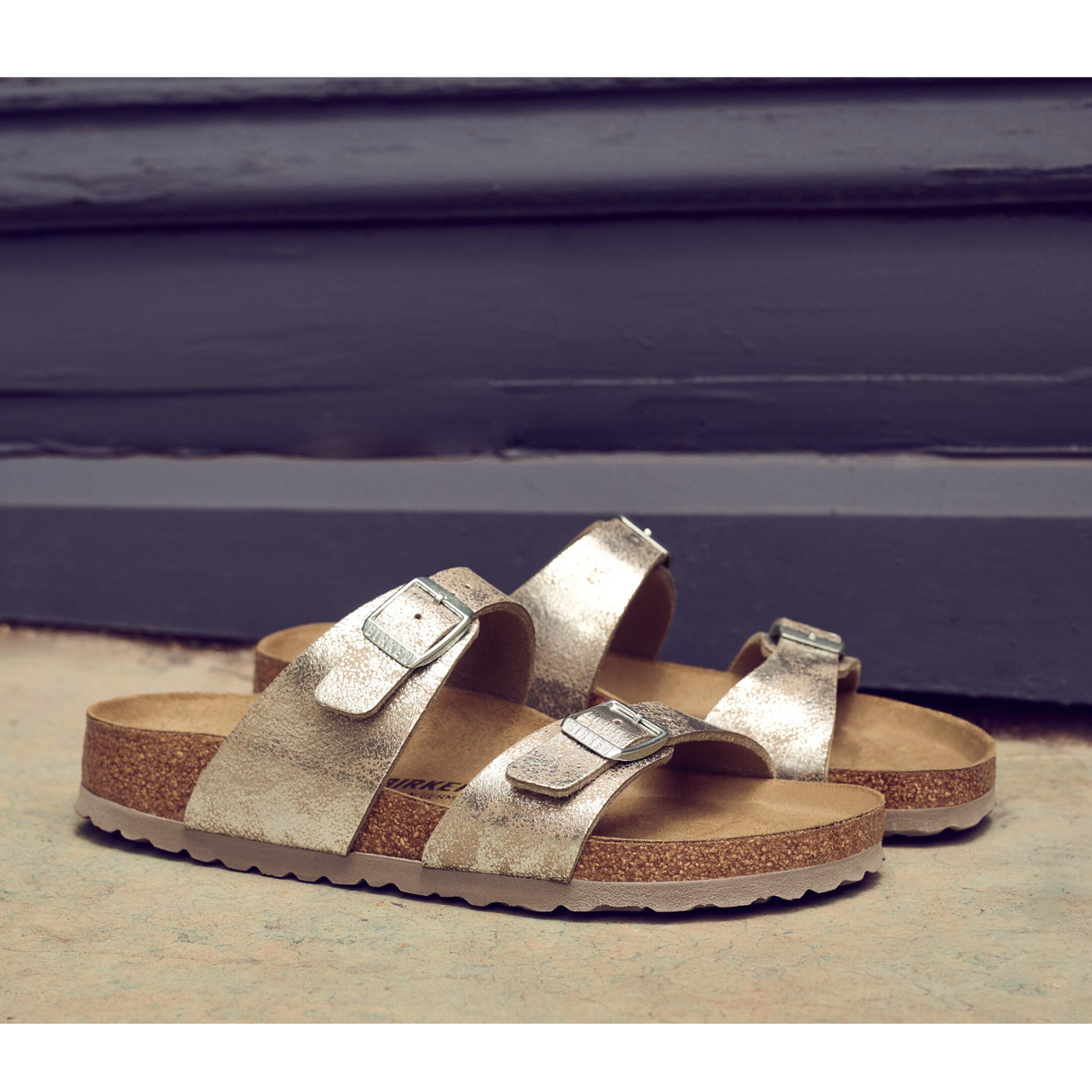 Birkenstock Sydney Slide Sandal (Women) - Washed Taupe/Silver Birki Sandals - Slide - The Heel Shoe Fitters